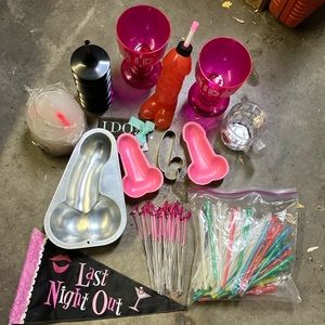 Bachorlette Party Cups, Straws, Cake Pan Cookie Cutter & Car Window Flag Bundle